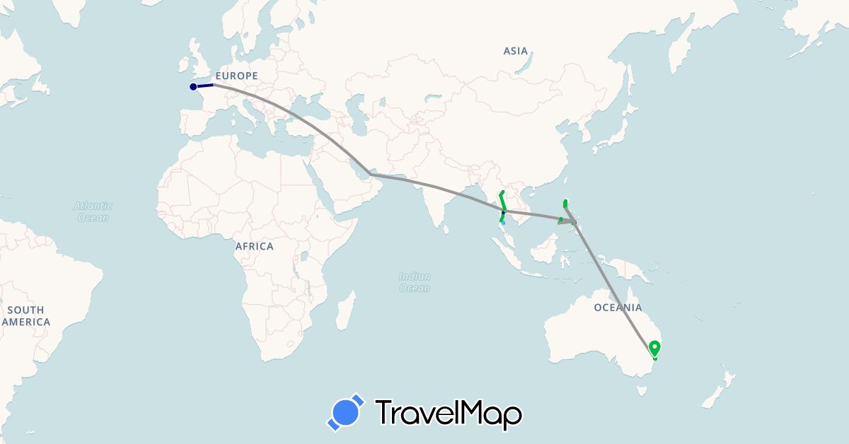 TravelMap itinerary: driving, bus, plane, cycling, hiking, boat, motorbike in United Arab Emirates, Australia, France, Philippines, Thailand (Asia, Europe, Oceania)
